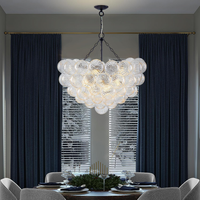 Bubble Glass Chandelier, 9-Light Ribbed Globe Shade, Black and Clear, 32"