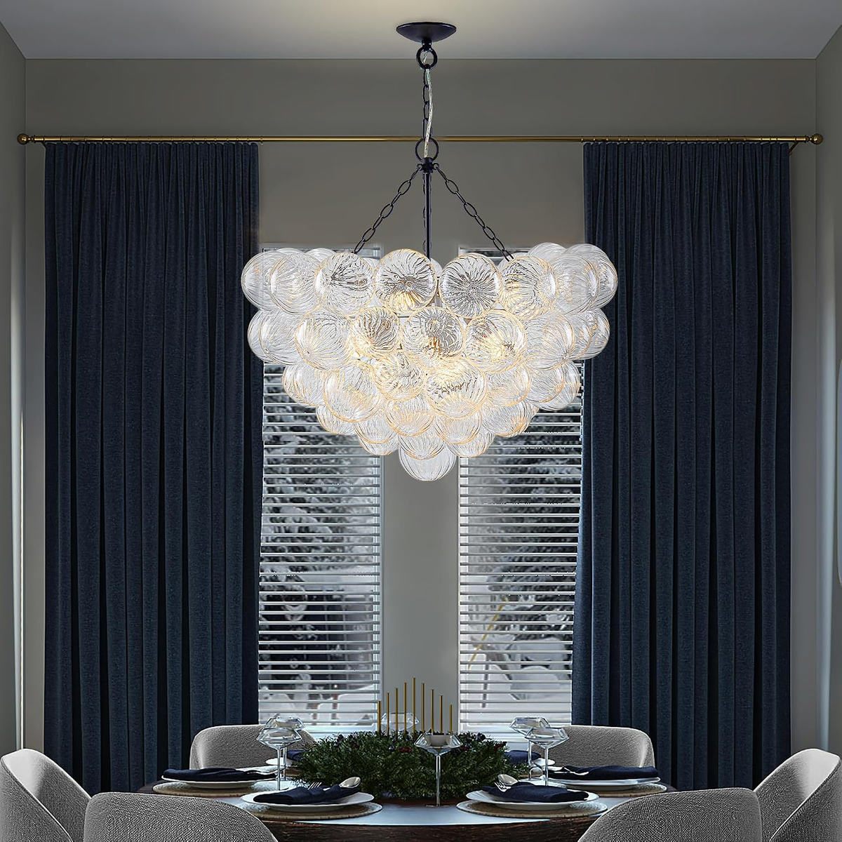 Bubble Glass Chandelier, 9-Light Ribbed Globe Shade, Black and Clear, 32"