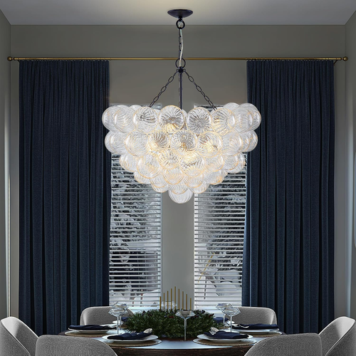 Bubble Glass Chandelier, 9-Light Ribbed Globe Shade, Black and Clear, 32"
