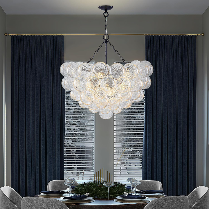 Bubble Glass Chandelier, 9-Light Ribbed Globe Shade, Black and Clear, 32"