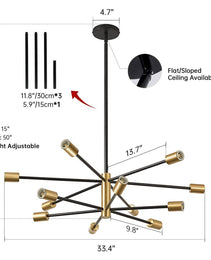 33-inch Modern 12-Light Dimmable Sputnik Chandelier in Black/Gold Finish