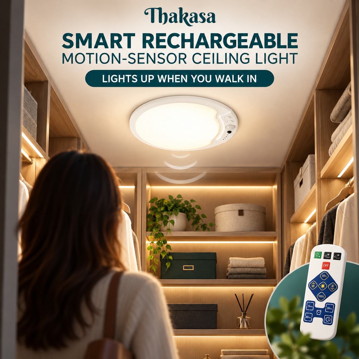 Motion Sensor LED Ceiling Light Remote Control Dimmable Body Sensor Light Automatic Rechargeable Motion Activated Light Closet