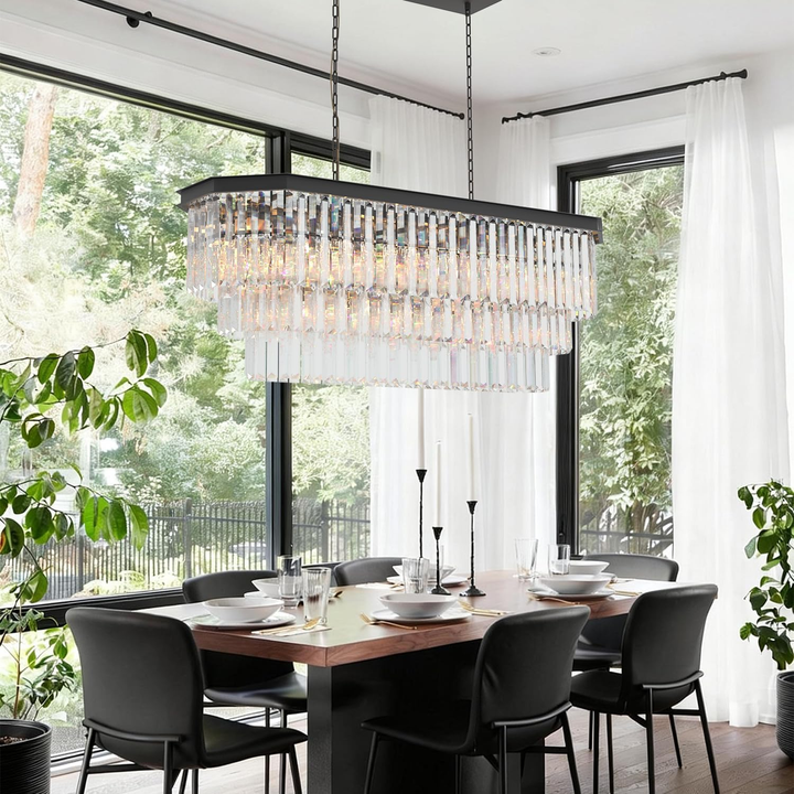 Crystal Chandelier, 13-Light 3 Tiers Hexagon Crystal Light, Adjustable Hanging Metal Ceiling Lighting Fixture, Modern Foyer Dining Room Chandeliers for Bedroom,Hallway,Kitchen, L39-Inch Black