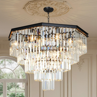 Crystal Chandelier, 13-Light 3 Tiers Hexagon Crystal Light, Adjustable Hanging Metal Ceiling Lighting Fixture, Modern Foyer Dining Room Chandeliers for Bedroom,Hallway,Kitchen, L39-Inch Black