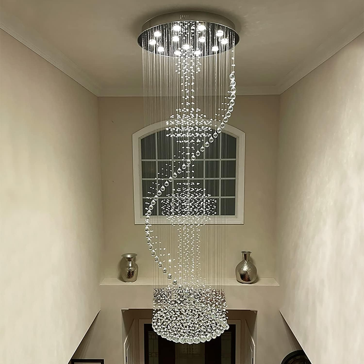 Crystal Chandelier, Modern Large Spiral Raindrop Chandeliers, Flush Mount Pendant Light Fixture, Big Chandelier for High Ceiling, Entryway, Staircase, Foyer, Entrance D31.5 X H94.5