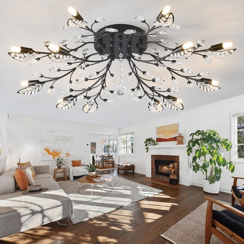 Crystal Flush Mount Ceiling Light,Black 12-Light Crystal Leaf Chandeliers