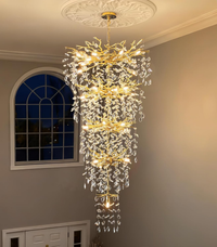 Crystal Long Chandeliers for High Ceiling: Large Gold Raindrop Chandelier