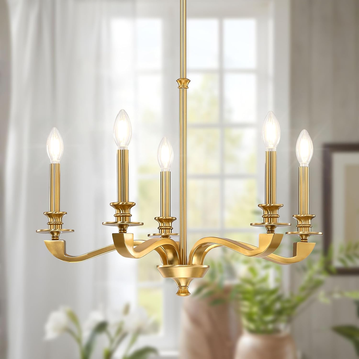 Gold Chandeliers for Dining Room, 25.5 Inch Vintage Gold Chandelier Light Fixture over Table, Farmhouse Candle Chandeliers, 5-Light Brass Chandeliers for Kitchen, Bedroom, Living Room (E12 Base)