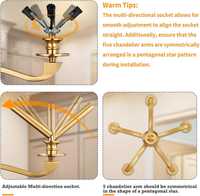 Gold Chandeliers for Dining Room, 25.5 Inch Vintage Gold Chandelier Light Fixture over Table, Farmhouse Candle Chandeliers, 5-Light Brass Chandeliers for Kitchen, Bedroom, Living Room (E12 Base)