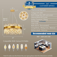 Gold Crystal Chandeliers for Dining Room，12-Lights D20 Inch