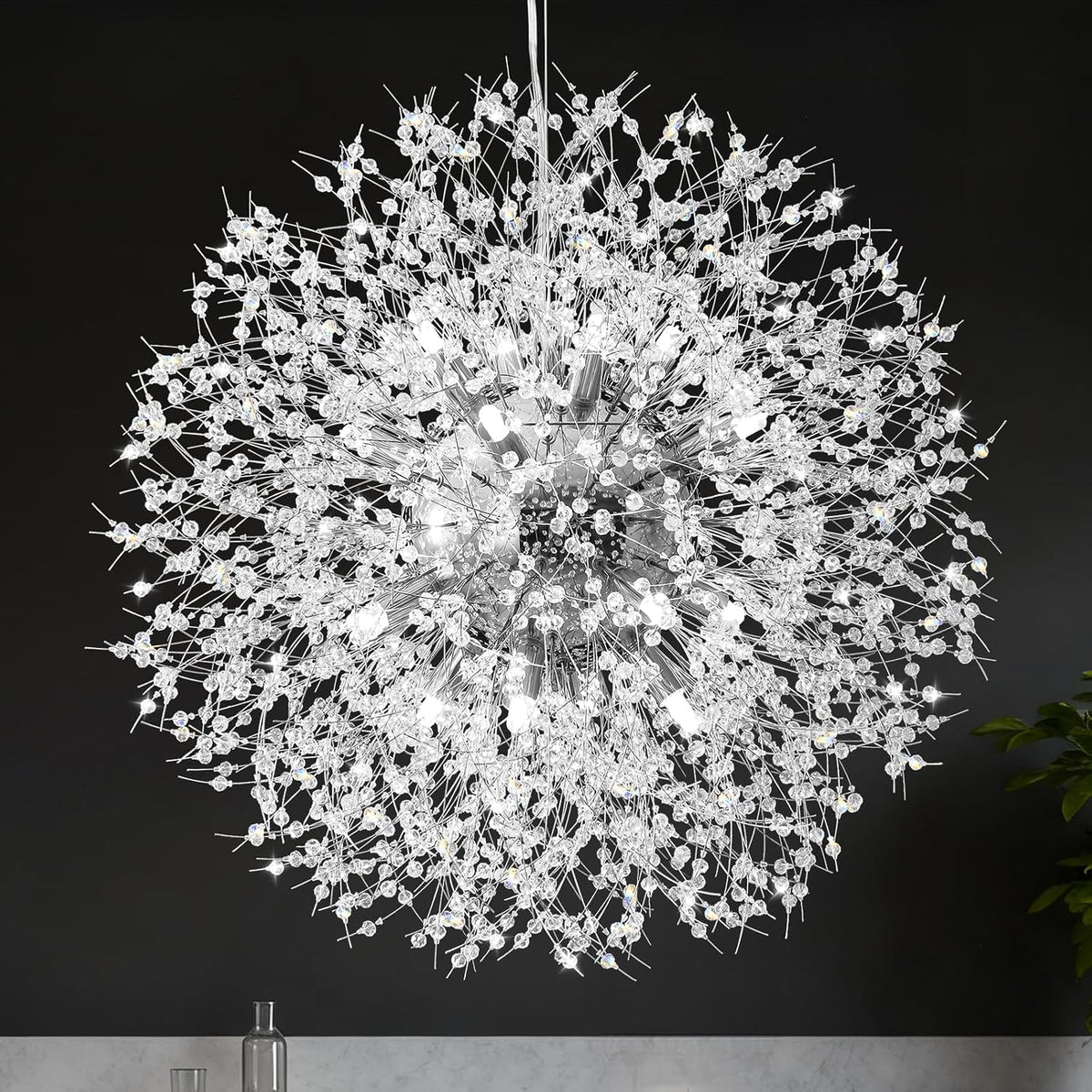 Modern Crystal Chandelier, Dandelion Chandelier,Chrome,23.62 In
