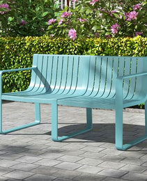 Weather-resistant Plastic 2-Person Bench with Curved Backrest-Blue