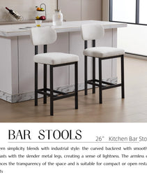 Bar Stools Set Of 2, 26 Inch Modern Upholstered Fabric Counter Height Barstools, Kitchen Island Chairs With Black Metal Legs For Dining Room Kitchen Island Bar
