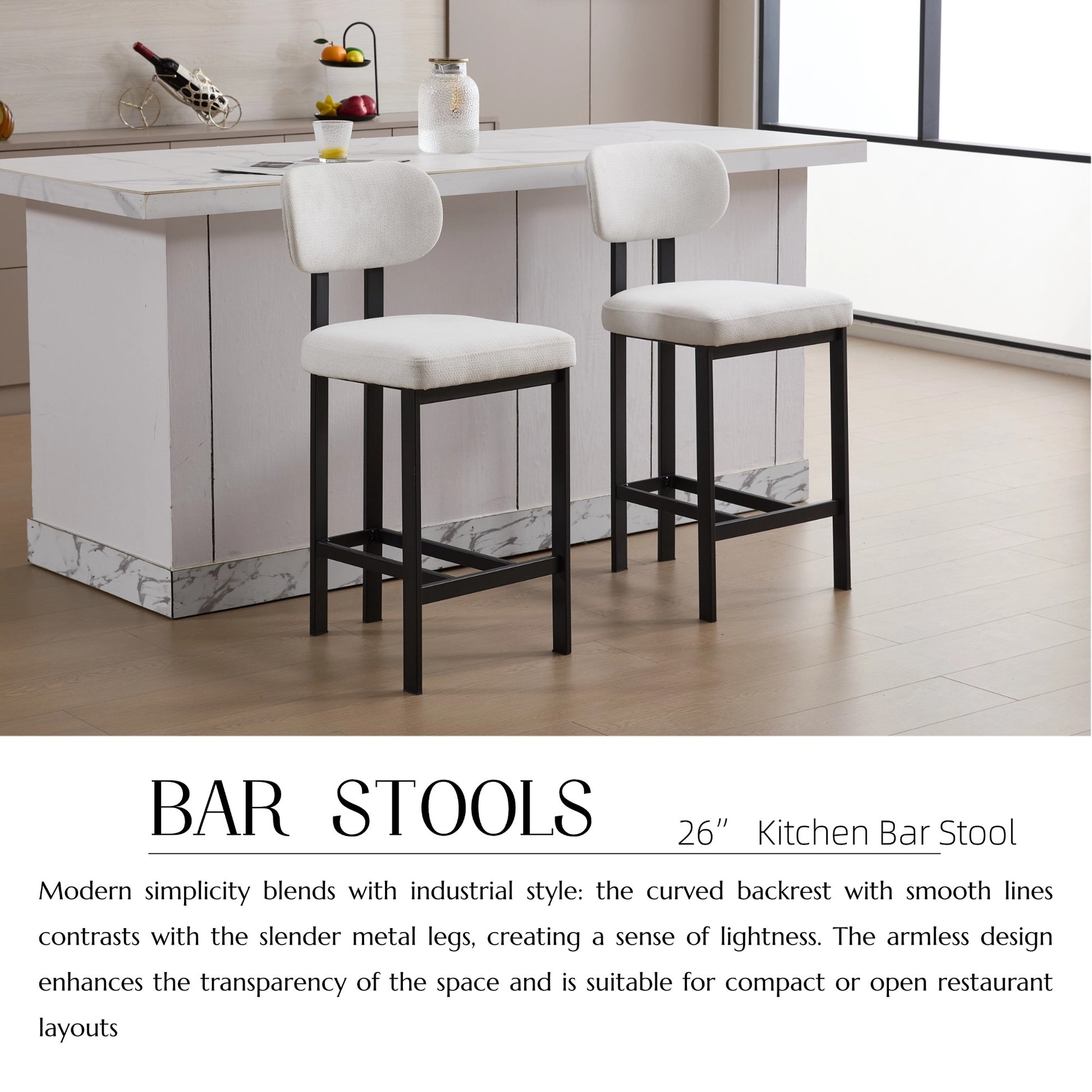 Bar Stools Set Of 2, 26 Inch Modern Upholstered Fabric Counter Height Barstools, Kitchen Island Chairs With Black Metal Legs For Dining Room Kitchen Island Bar