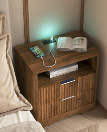 Nightstand With Charging Station, Smart Nightstand With Night Light,Bedside Tables With Storage Cabinet For Bedroom, Wood