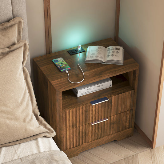 Nightstand With Charging Station, Smart Nightstand With Night Light,Bedside Tables With Storage Cabinet For Bedroom, Wood