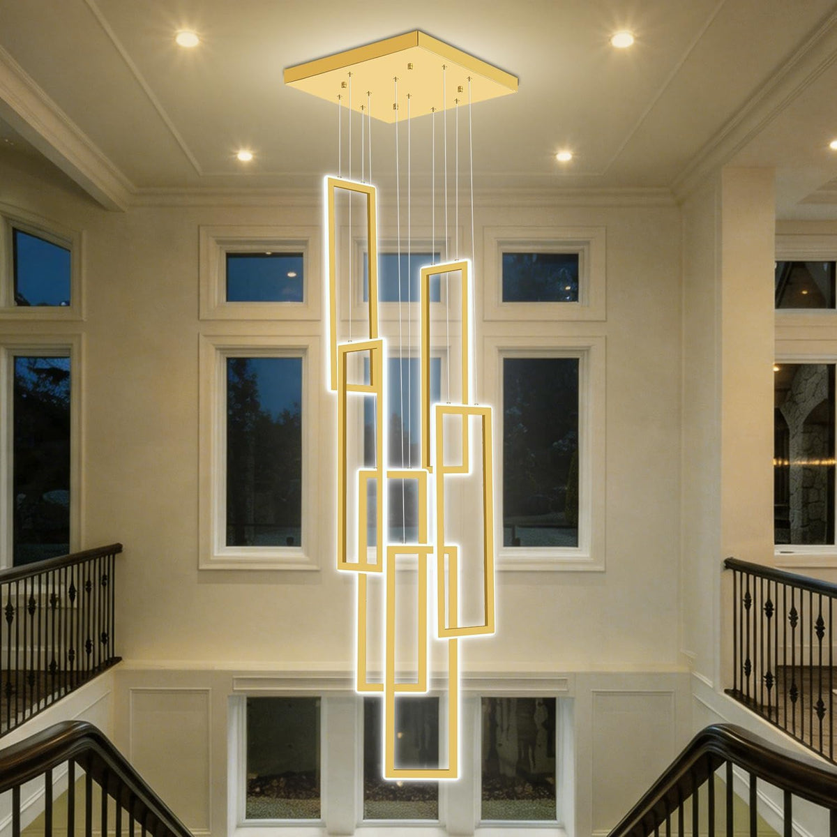6 Rings Rectangle Chandelier Foyer High Ceiling Chandelier Contemporary Large Led Gold Ring Chandelier for Staircase Villa