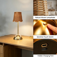 Bohemian Woven Rattan Art Table Lamp, 3-Level Dimmable Design with Touch Control And USB Power Supply. Made of Metal Material, Suitable for Lighting in Bedroom, Living Room, Study And Dining Room. A Great Gift Choice for Family And Friends