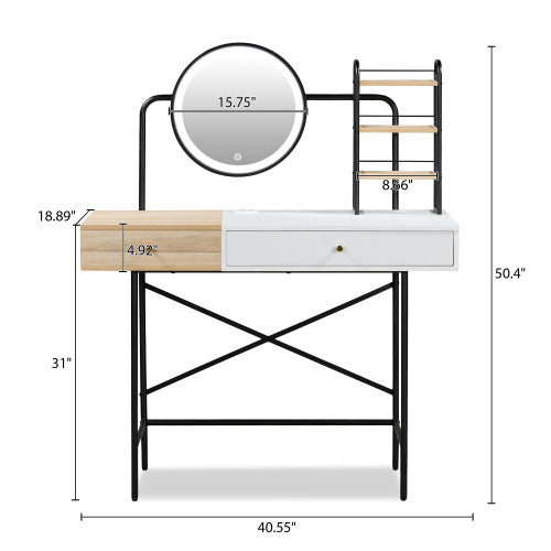 Makeup Vanity Desk With 3-Mode Lighted Mirror & Wireless Charging Station , Vanity Table With Drawer & 3 Open Shelves For Ample Storage Space - CJDS