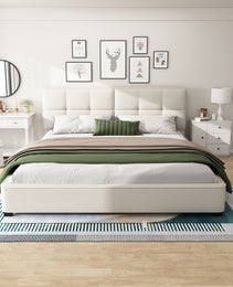King Size Boucle Bed Frames, Upholstered Platform Bed With Curved Tufted Headboard, Soft Square Corners, Beige