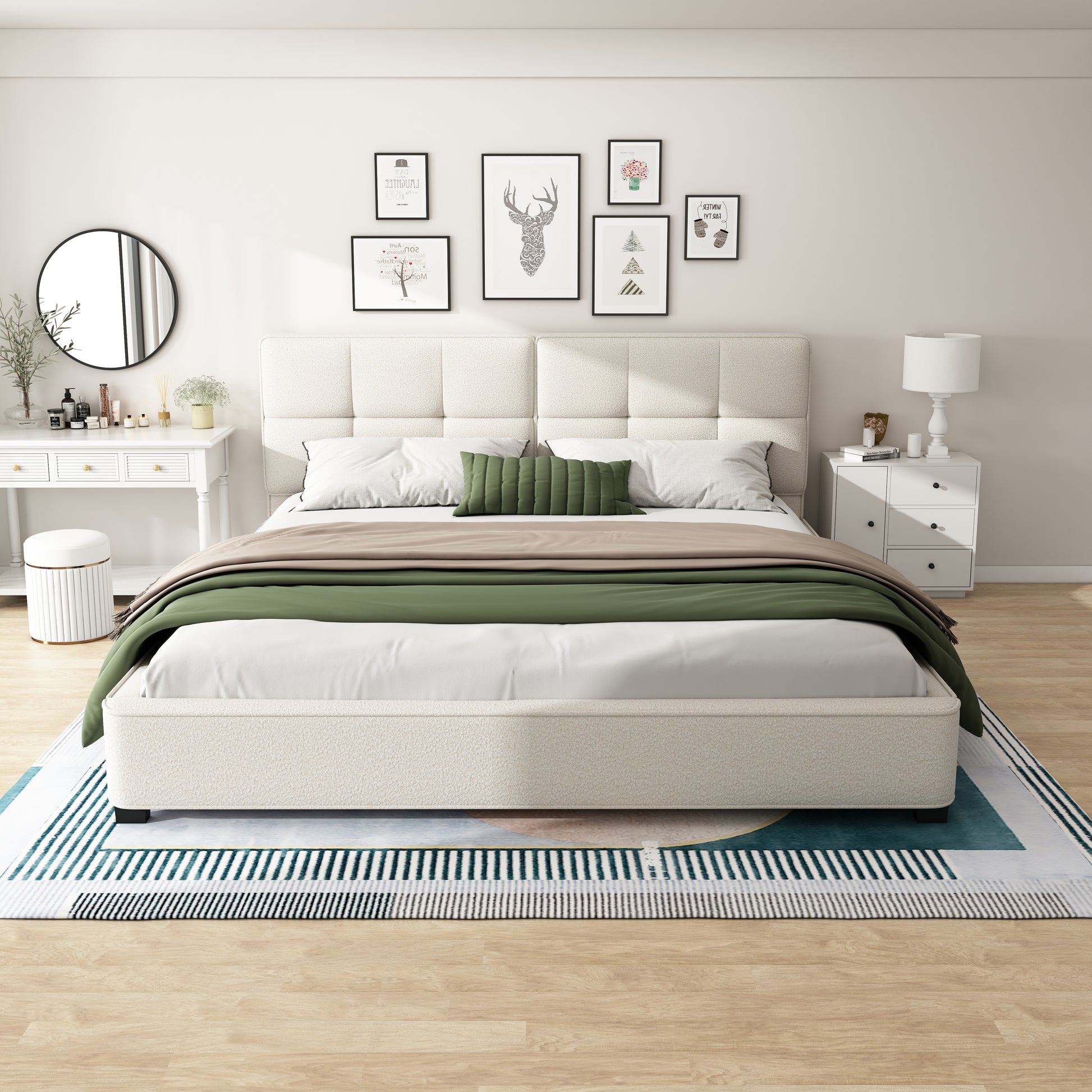 King Size Boucle Bed Frames, Upholstered Platform Bed With Curved Tufted Headboard, Soft Square Corners, Beige