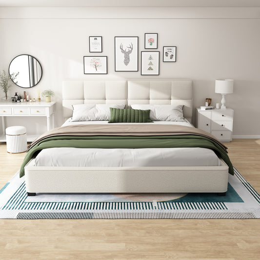 King Size Boucle Bed Frames, Upholstered Platform Bed With Curved Tufted Headboard, Soft Square Corners, Beige