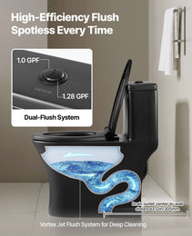 One-Piece Elongated Toilet – Vortex Dual Flush 1.0/1.28 GPF, Skirted Easy-Clean Design, Standard Height (Matte Black, 12" Rough-In)