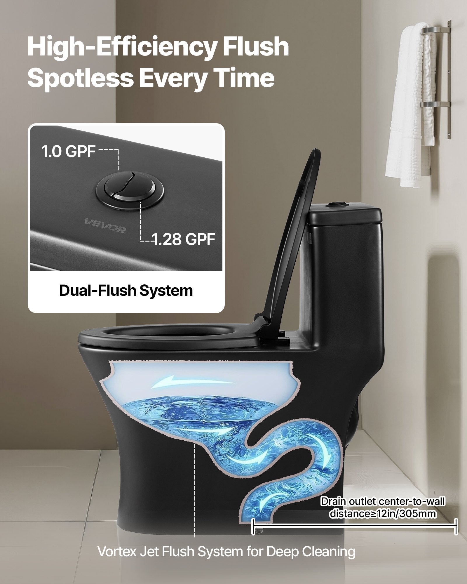 One-Piece Elongated Toilet – Vortex Dual Flush 1.0/1.28 GPF, Skirted Easy-Clean Design, Standard Height (Matte Black, 12" Rough-In)