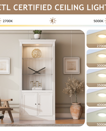 78.75 H 4-Tier Display Shelf, With 5-Colors Dimmable Ceiling Light, Freestanding Farmhouse Bookcases With Storage & Doors, Bookshelf With Adjustable Glass Shelves For Home & Office - White