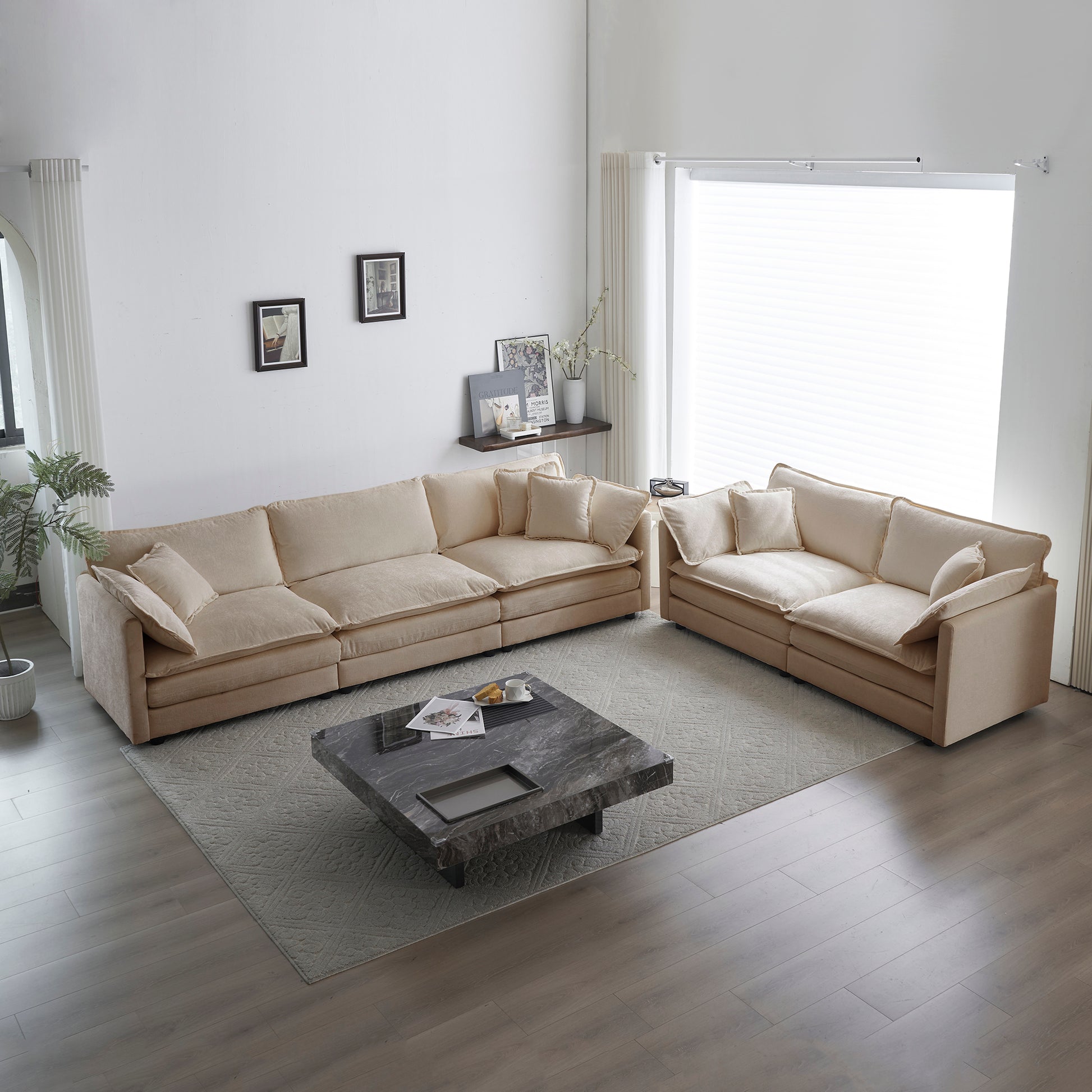 Sofa Set Of 2 Chenille Couch, 2-3 Seater Sofa Set Deep Seat Sofa, Modern Sofa Set For Living Room, Beige Chenille