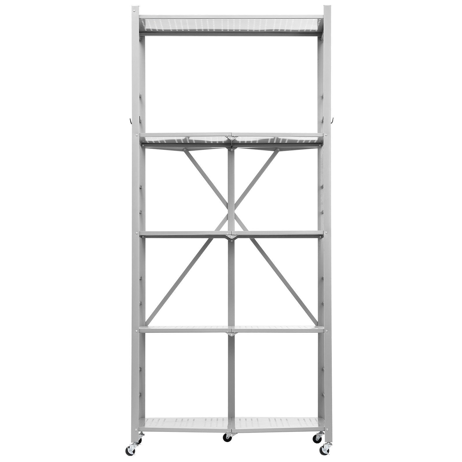 5-Tier Foldable Storage Shelf, 32W X 14D X 72H Inch Folding Metal Rack Shelving Unit, No Assembly Organizer Shelf With 5 Wheels & 4 Hooks For Pantry, Kitchen, Garage, Basement, Grey