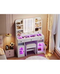 43.2 Vanity Desk With LED Mirror And Lights, Glass Top Vanity With RGB Glass Light Cabinets, Dressing Table With 5 Drawers ,Storage Shelves And Stool For Bedroom, White - CJDS