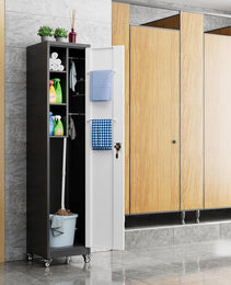 Aobabo H Lockable Storage Cabinet With Wheels, Metal Cleaning Tool Cabinet With Hooks, Cleaning Supplies For Broom Rack Shelf For Broom Mops Garage Storage, Black White, Assembly Required