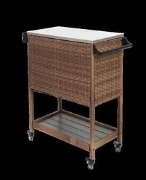 Outdoor Wicker Bar Cart, Patio Wine Serving Cart, Rolling Rattan Beverage Bar Counter Table