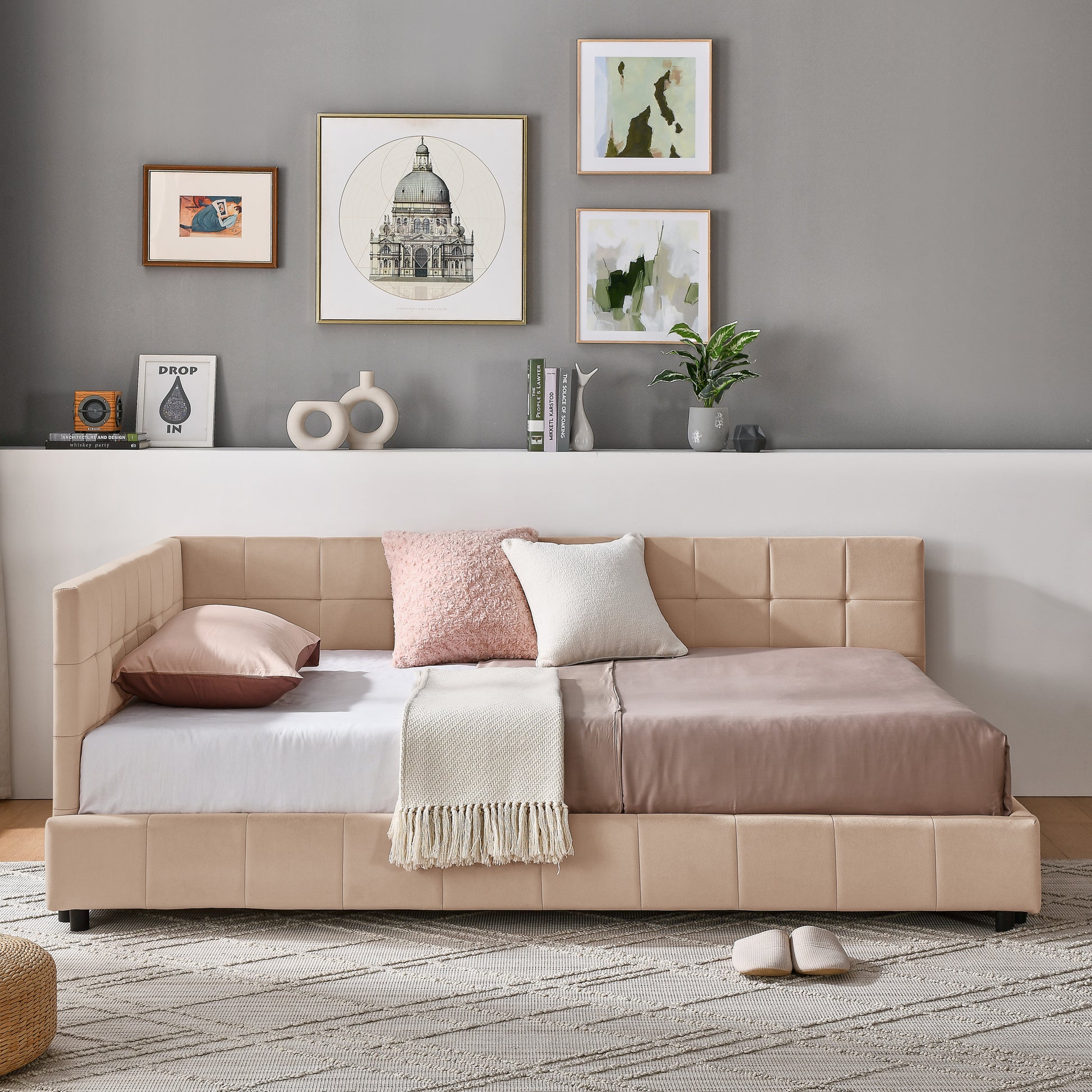 Full Size Upholstered Tufted  Bed Frame, Sofa Bed Frame With Comfortable Backrest And Armrests, Full Size Bed For Bedroom, Living Room,Velvet, PINK 80.5x59x30.5