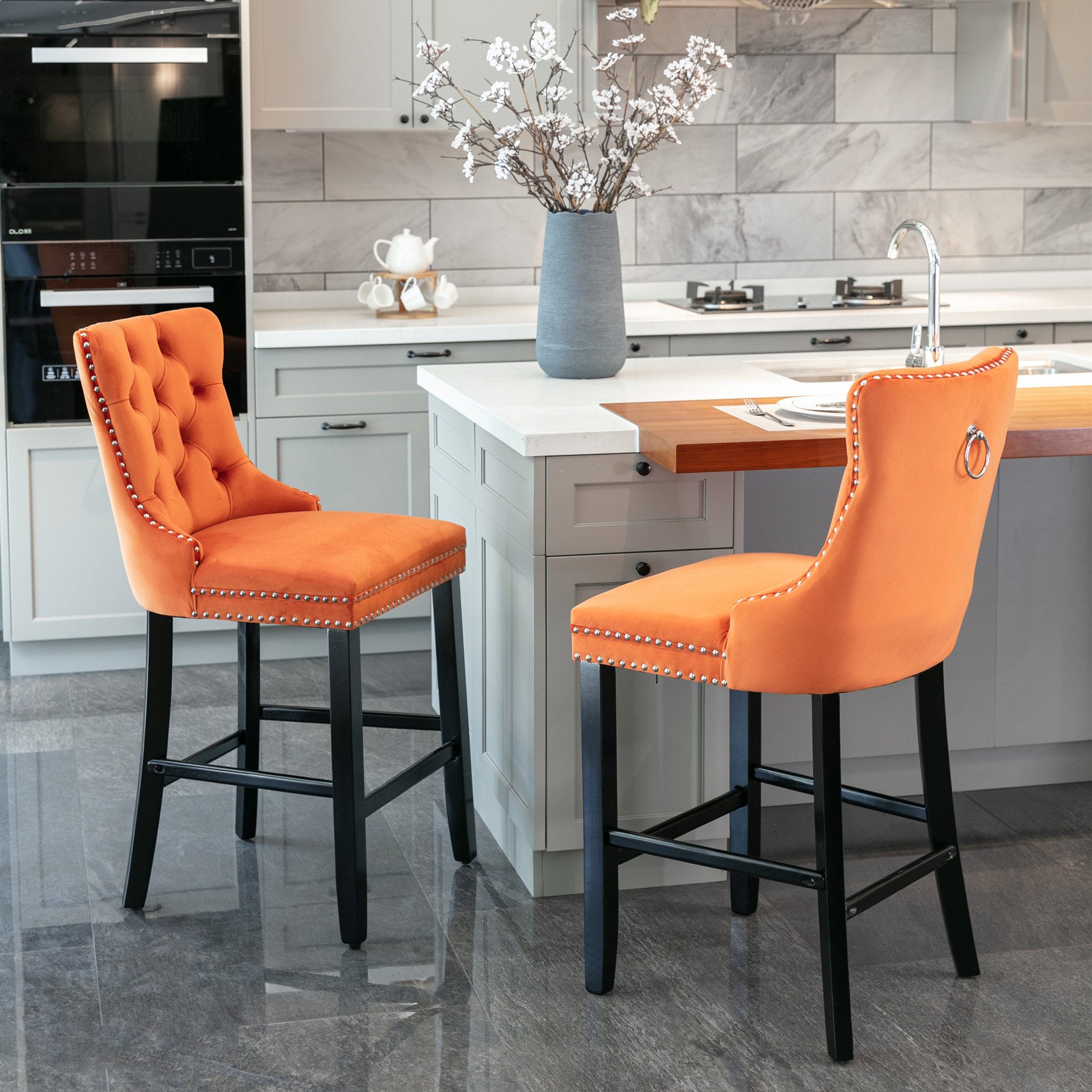 Contemporary Velvet Upholstered Barstools With Button Tufted Decoration And Wooden Legs, And Chrome Nailhead Trim, Leisure Style Bar Chairs,Bar Stools, Set Of 2 Orange,SW2002OG