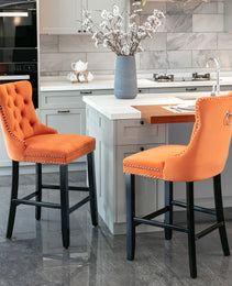 Contemporary Velvet Upholstered Barstools With Button Tufted Decoration And Wooden Legs, And Chrome Nailhead Trim, Leisure Style Bar Chairs,Bar Stools, Set Of 2 Orange,SW2002OG