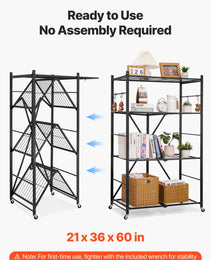 4-Tier Foldable Storage Shelf, 36W X 21D X 60H Inch Folding Metal Rack Shelving Unit, No Assembly Organizer Shelf With 5 Wheels & 4 Hooks For Pantry, Kitchen, Garage, Basement, Black