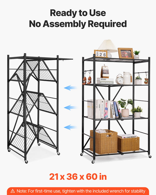 4-Tier Foldable Storage Shelf, 36W X 21D X 60H Inch Folding Metal Rack Shelving Unit, No Assembly Organizer Shelf With 5 Wheels & 4 Hooks For Pantry, Kitchen, Garage, Basement, Black