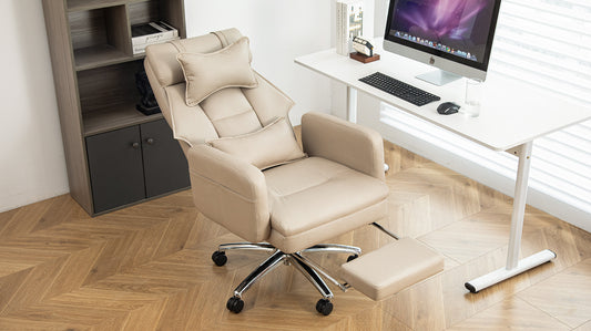 Swivel Ergonomic Office Chair, Technology Leather  High Back Office Chair With Lumbar Support Headrest, Sedentary Comfortable Boss Chair, 155 Reclining Computer Chair Color  Beige