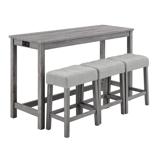 Bar Table Set With Power Outlet, Bar Table And Chairs Set, 4 Piece Dining Table Set, Industrial Breakfast Table Set, For Living Room, Dining Room, Game Room