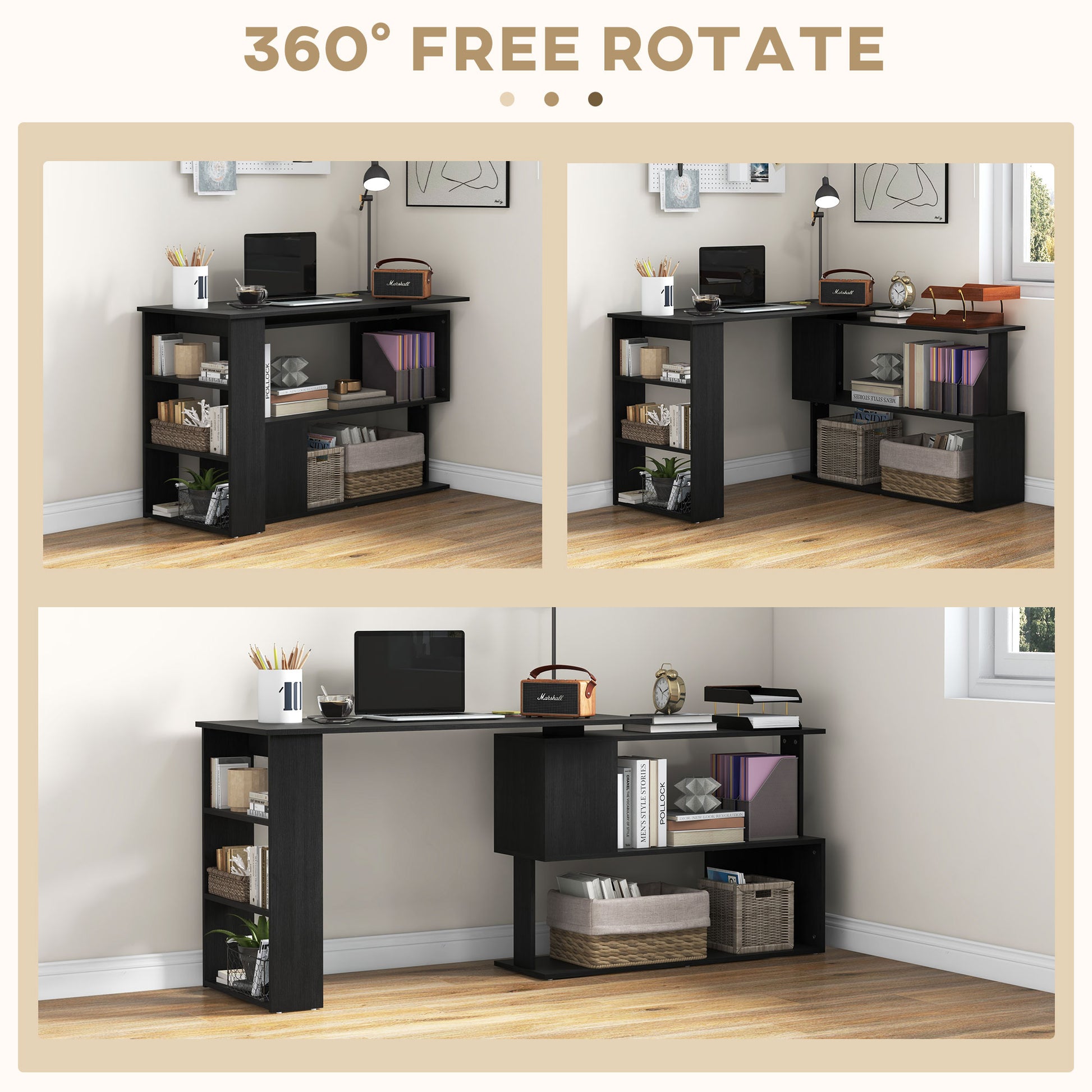 360° Rotating Home Office Desk L Shaped Corner Computer Desk With Storage Shelves, Writing Table Workstation, Black