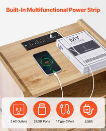 Rattan Nightstand, Boho Bedside Table With Drawer Open Shelf, Rattan End Table Wooden Nightstand With Solid Wood Legs, Rattan Side Table With Charging Station, For Bedroom, Study & Living Room
