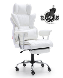 Reclining Office Chair With Footrest, Heavy Duty PU Leather Wide Office Chair, Big And Tall Executive Office Chairs With Lumbar Support, Strong Metal Base Quiet Wheels, White