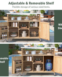 K&K Outdoor Kitchen Island, Rolling Bar Cart & Storage Cabinet, Farmhouse Solid Wood Outdoor Grill Table With Stainless Steel Top, Spice Rack , Towel Rack For Kitchen & BBQ , Natural