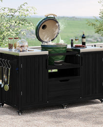 K&K 66.5  Outdoor Kitchen Island, Solid Wood Outdoor Grill Cart For Tabletop Grill With Stainless Steel Top, Drawer, Compatible With Large Big Green Egg, Kamado Joe  Black