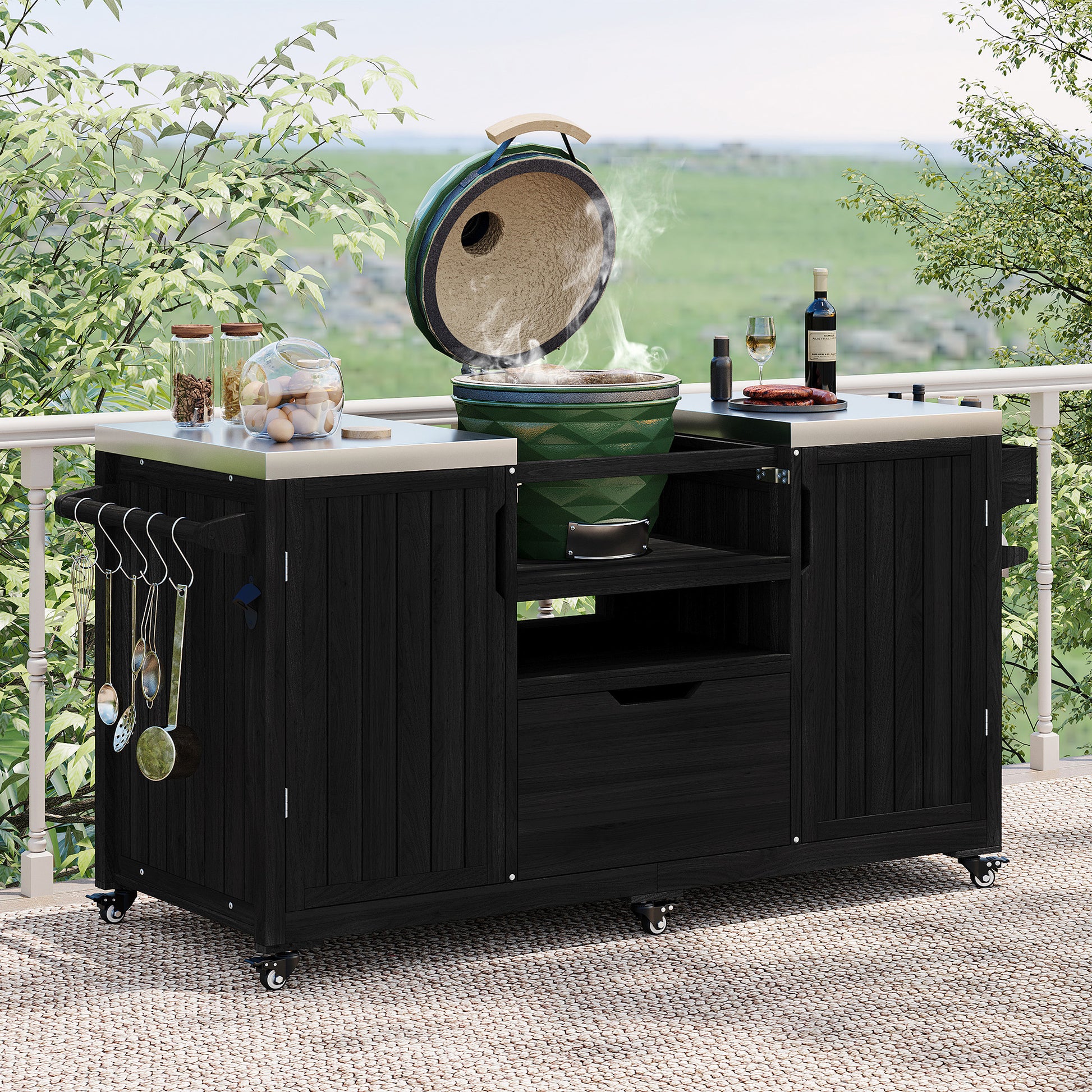 K&K 66.5  Outdoor Kitchen Island, Solid Wood Outdoor Grill Cart For Tabletop Grill With Stainless Steel Top, Drawer, Compatible With Large Big Green Egg, Kamado Joe  Black