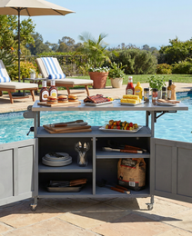 Foldable Outdoor Kitchen Island Patio Mobile Kitchen Cart Portable Outdoor Cooking Island With Lockable Wheels, Storage Cabinet And Towel Rack For Patio And Outdoor, Grey