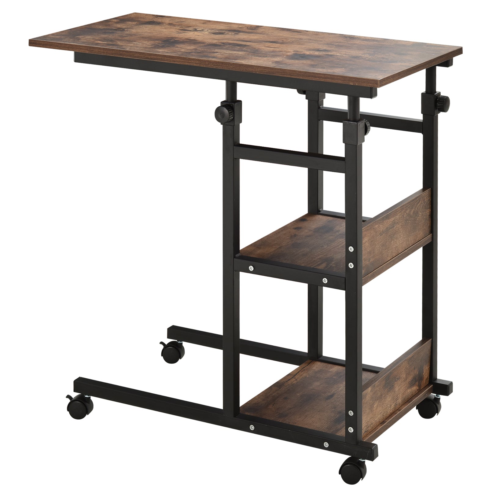 Mobile Nightstand Adjustable 3-Tier C-Shaped Side Table With Casters
