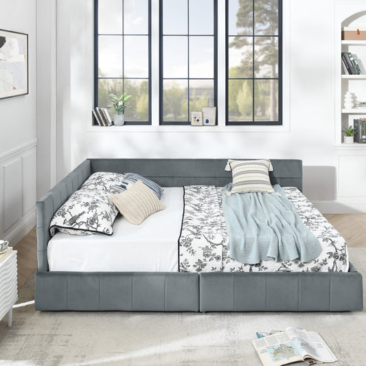 Queen Size Storage Upholstered Tufted Bed Frame, Sofa Bed Frame With Comfortable Backrest And Armrests,Queen Size Bed For Bedroom, Living Room,Velvet, Grey 85.5x64.5x29.5